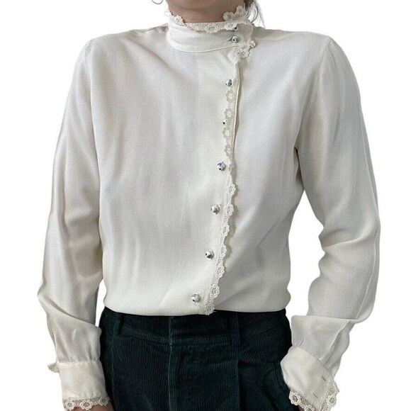 Vintage Ellen Tracy White Romantic Dark Academia Floral Button Blouse Sz S - Picture 2 of 11